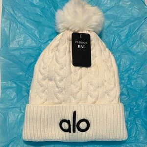 ALO White Cable Knit Beanie with Pom
